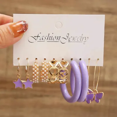 Western Purple Butterfly Heart Earring Set (5 pairs)